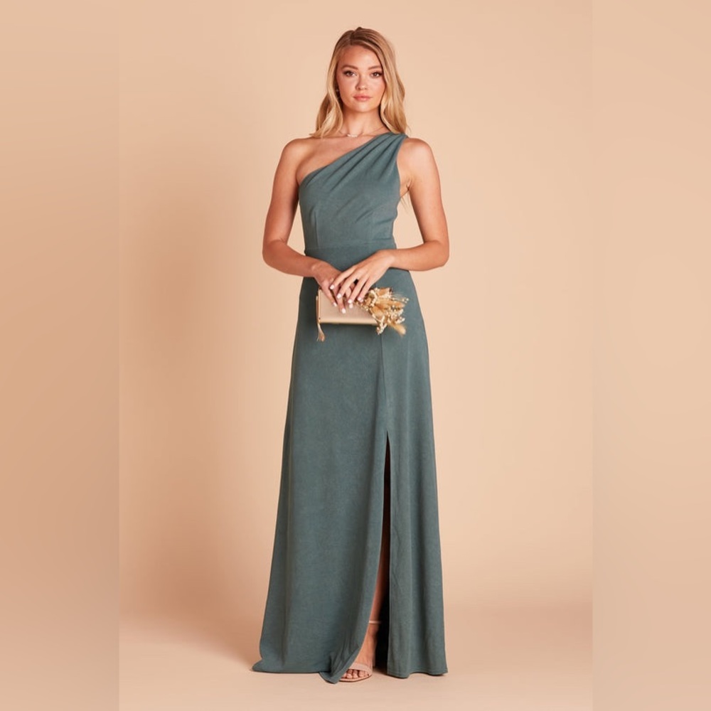 Birdy grey crepe one shoulder sea glass bridesmaid dress